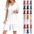 thumbnail image 1 of DYTTDG Women's Tiered Mini Dress | V-Neck Short Sleeve Summer Dress, Solid Color A-Line Flowy Dress for Casual, Beach & Daily Wear, 1 of 8
