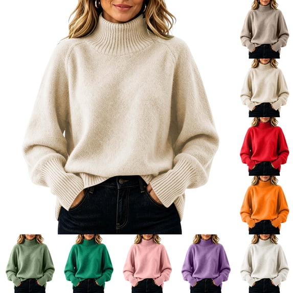 DYTTDG Women's Turtleneck Knit Pullover Sweater, Relaxed‑Fit Long‑Sleeve Casual Top With Ribbed Cuffs, Solid‑Color Warm Knit Top for Fall‑Winter Daily Outfits