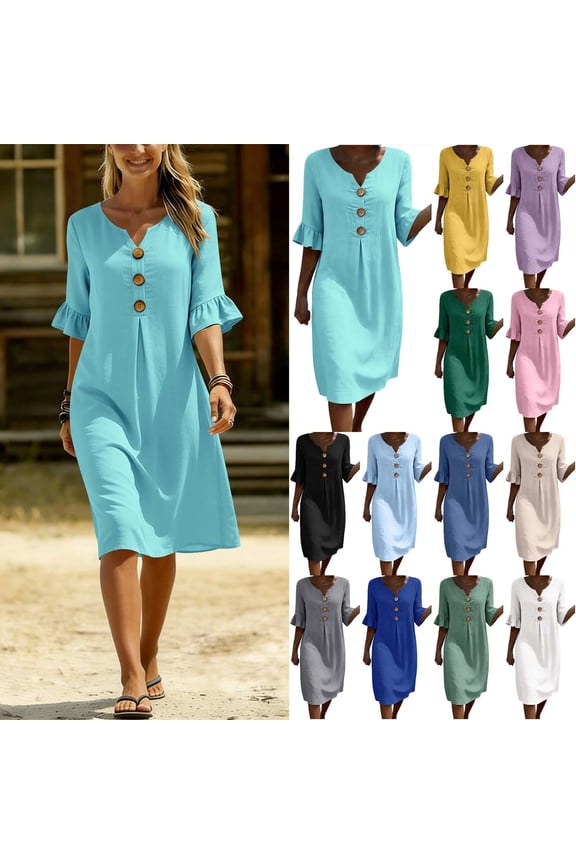 Women's V-Neck Button Down Midi Dress, Casual Loose Fit Ruffle Short Sleeve Tunic Dress with Pockets
