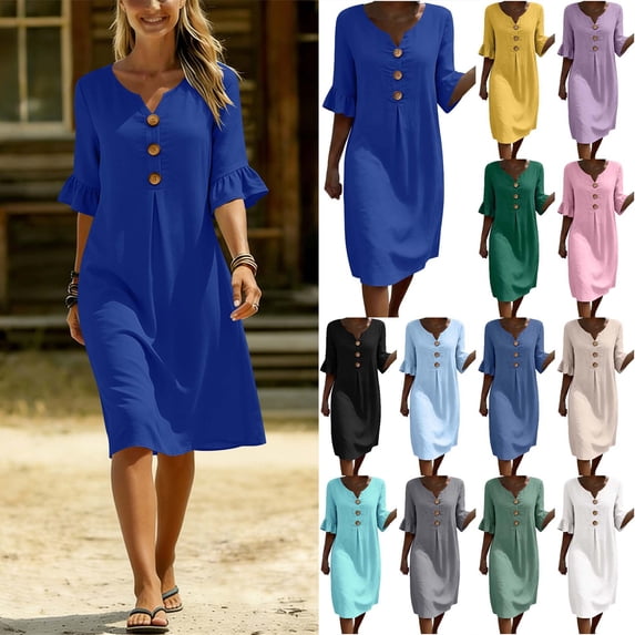 DYTTDG Women's V-Neck Button Down Midi Dress, Casual Loose Fit Ruffle Short Sleeve Tunic Dress with Pockets