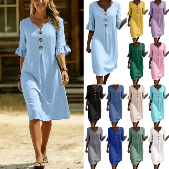 DYTTDG Women's V-Neck Button Down Midi Dress, Casual Loose Fit Ruffle Short Sleeve Tunic Dress with Pockets