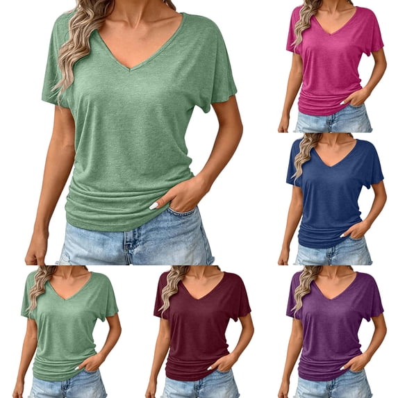 DYTTDG Women's V-Neck Dolman Sleeve Top | Loose Fit Solid Color Casual Summer Pullover Top, Flowy Knit Blouse