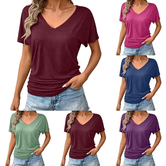 DYTTDG Women's V-Neck Dolman Sleeve Top | Loose Fit Solid Color Casual Summer Pullover Top, Flowy Knit Blouse