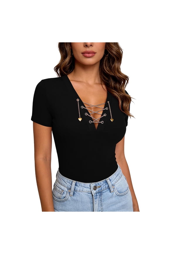 Women's V-Neck Short Sleeve Top | Fitted Crisscross Chain Detail Casual Slim-Fitting Top, Stretch Party Top