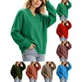 thumbnail image 1 of DYTTDG Women's V-Neck Sweater | Long Sleeve Loose Fit Solid Color Knit Pullover Top, Ribbed Cuffs and Hem Casual Jumper for Daily Outfits, 1 of 8