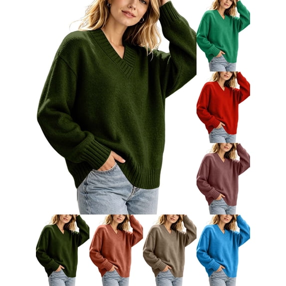 DYTTDG Women's V-Neck Sweater | Long Sleeve Loose Fit Solid Color Knit Pullover Top, Ribbed Cuffs and Hem Casual Jumper for Daily Outfits
