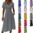 thumbnail image 1 of DYTTDG Women's V-Neck Wrap Waist Midi Dress | Short Sleeve Solid Color Casual A-Line Dress with Pockets, Summer Flowy Dress, 1 of 8