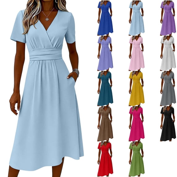 DYTTDG Women's V-Neck Wrap Waist Midi Dress | Short Sleeve Solid Color Casual A-Line Dress with Pockets, Summer Flowy Dress