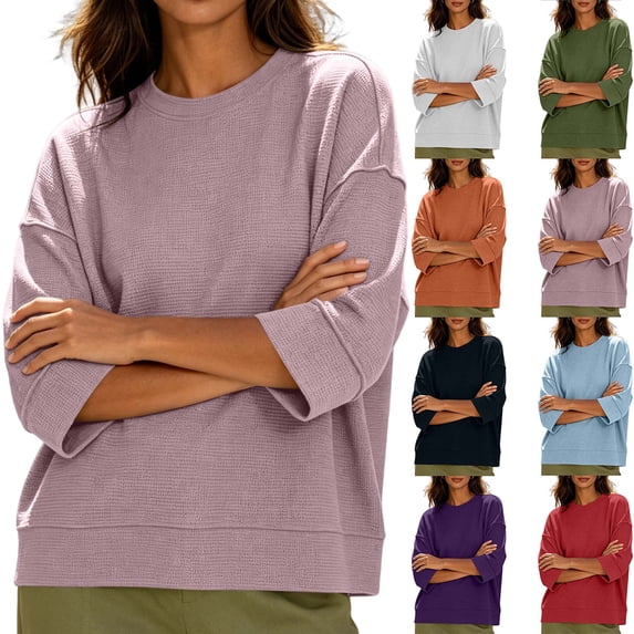 DYTTDG Women's Waffle Knit 3/4 Sleeve Crew Neck Top | Casual Loose Fit Dolman Sleeve Pullover Blouse, Textured Summer Fall Basic Tee