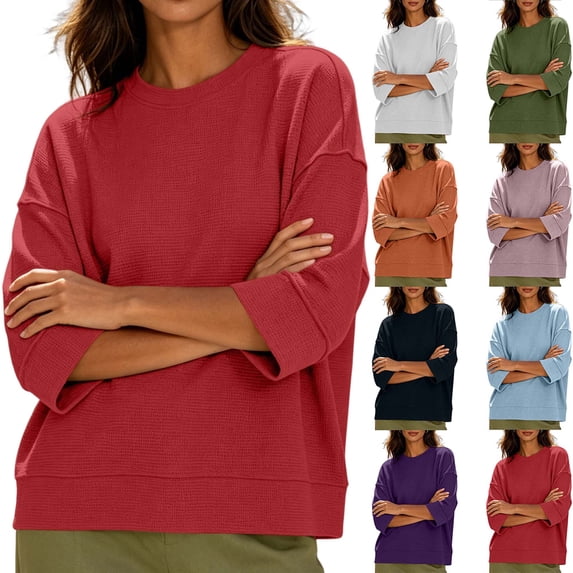 DYTTDG Women's Waffle Knit 3/4 Sleeve Crew Neck Top | Casual Loose Fit Dolman Sleeve Pullover Blouse, Textured Summer Fall Basic Tee