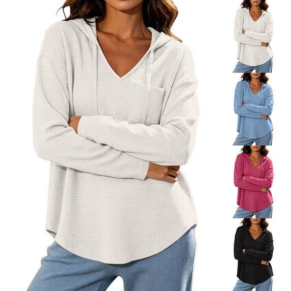 DYTTDG Women's Waffle Knit Hoodie V Neck Long Sleeve Pullover Top Casual Lightweight Hooded Sweatshirt Pocket