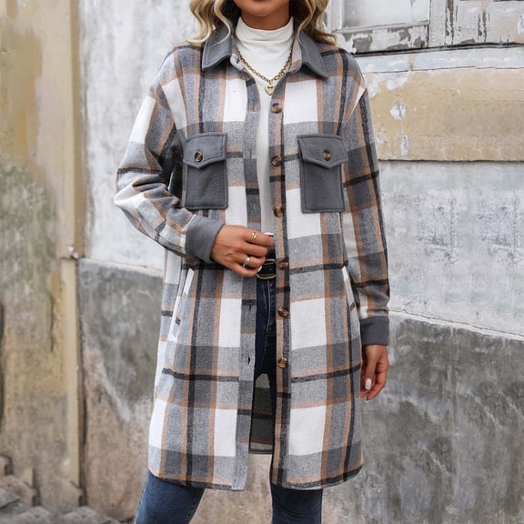 DYTTDG Women's Winter Long Plaid Tweed Coat Fashion Retro Plaid Long Sleeve Buttoned Lapel Cardigan Jacket with Pockets on Clearance Family Gifts