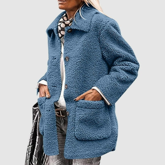 DYTTDG Women's Winter Warm Jacket Solid Color Plush Long Sleeve Lapel Pocket Jacket Casual Fashion Coat Great Gifts for Less