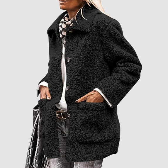 DYTTDG Women's Winter Warm Jacket Solid Color Plush Long Sleeve Lapel Pocket Jacket Casual Fashion Coat Great Gifts for Less