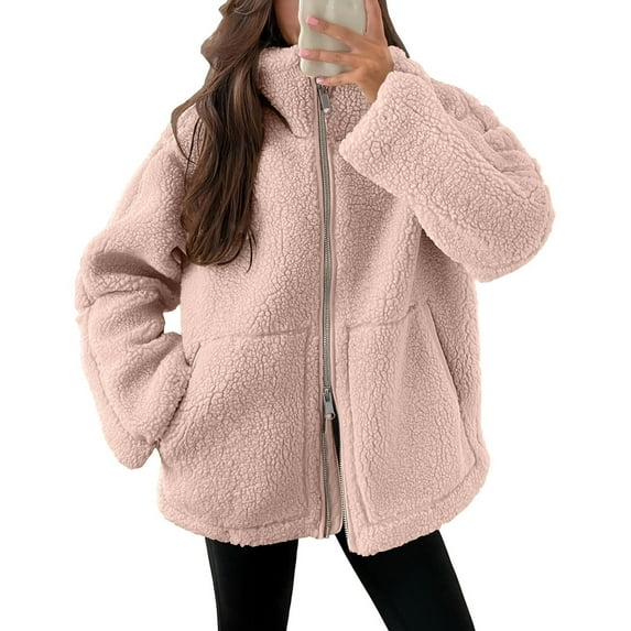 Jackets for Women DYTTDG Women's Winter Warm Long Sleeve Lapel Jacket Zip Up Casual Loose Jacket with Pockets on Clearance