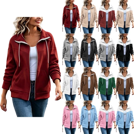 DYTTDG Women's Zip Up Lapel Collar Jacket, Solid Long Sleeve Side Pocket Casual Warm Daily Layering Outerwear Coat