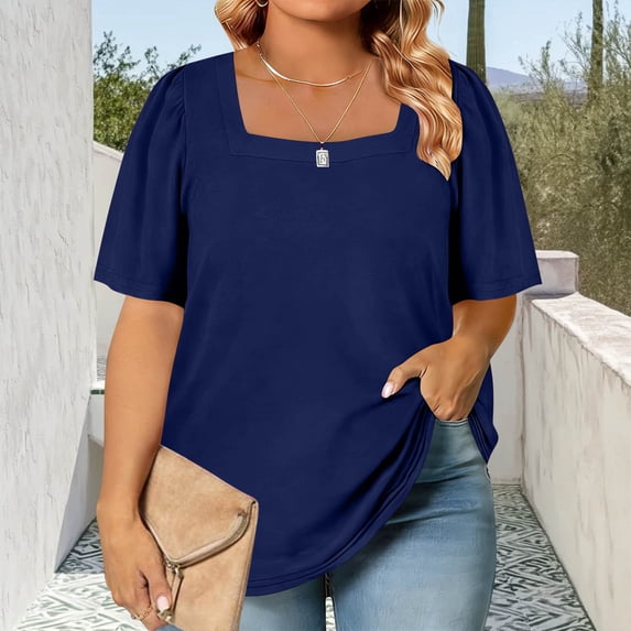 DYTTDG Womens Plus Size 2026 Summer Tops Square Neck Puff Short Sleeve Casual Loose Tee Shirts