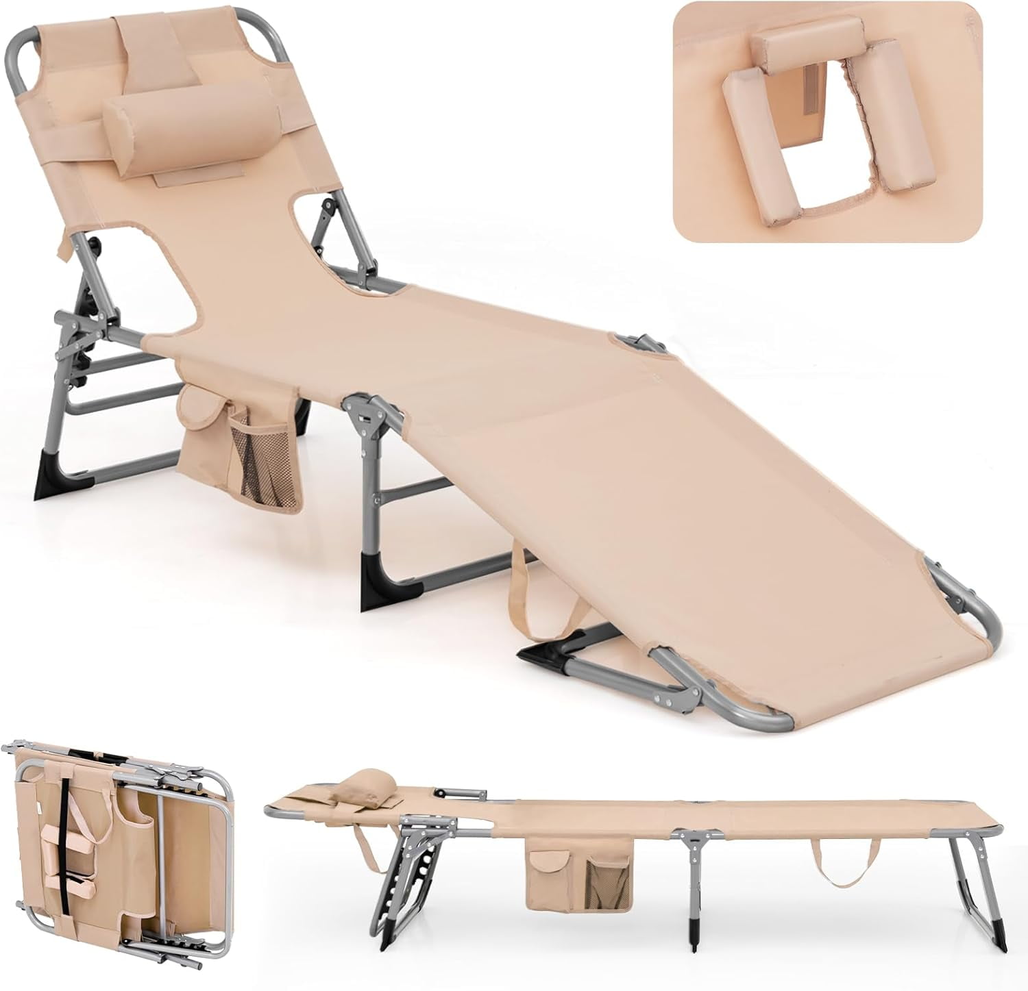 DYUKFG Beach Chair Chaise Lounge with Face Arm Hole, Detachable Pillow ...