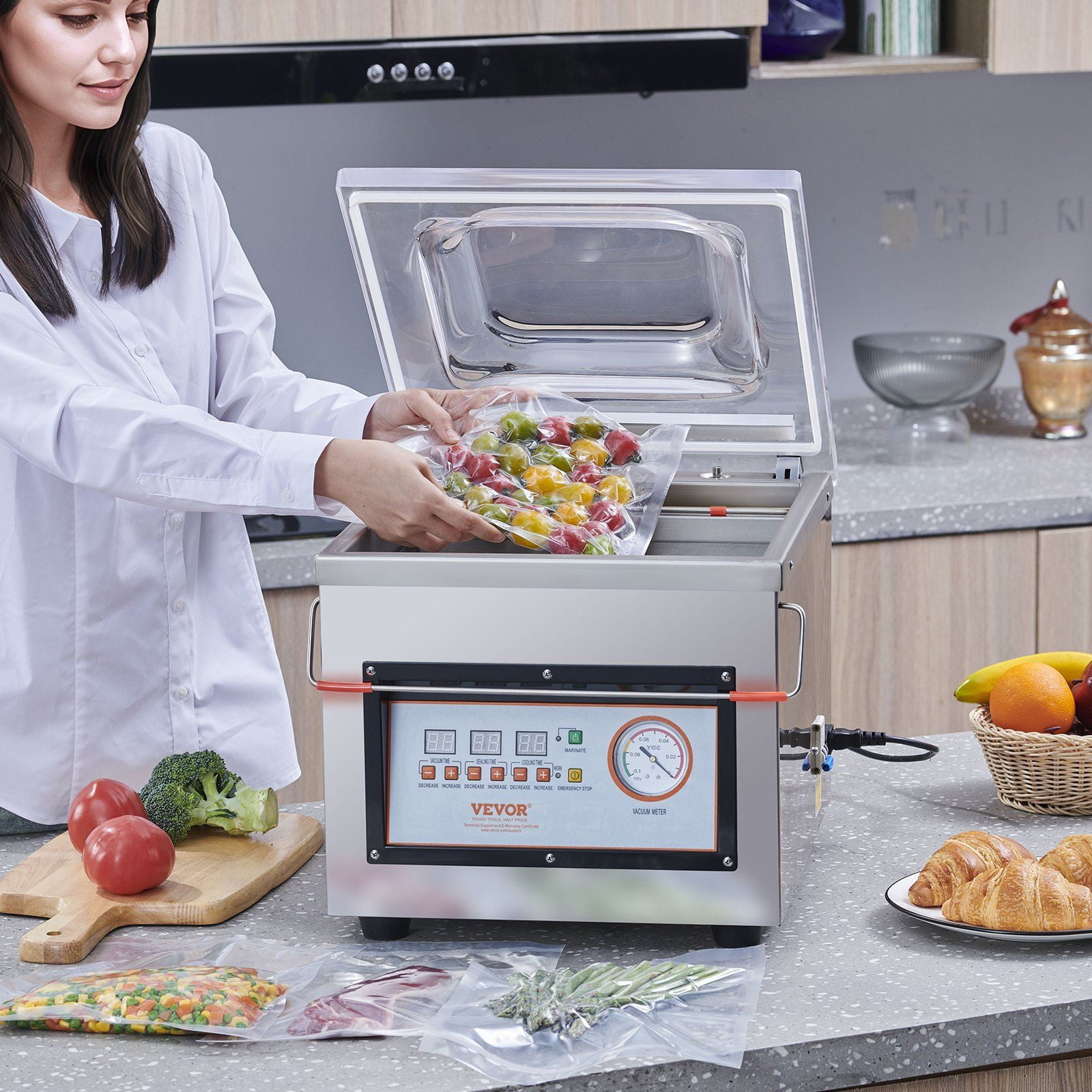 DZ-260C Chamber Vacuum Sealer, 110V Commercial Food Saver Machine for Home & Kitchen, Air Tight Food Packaging Sealer – Preserve Freshness