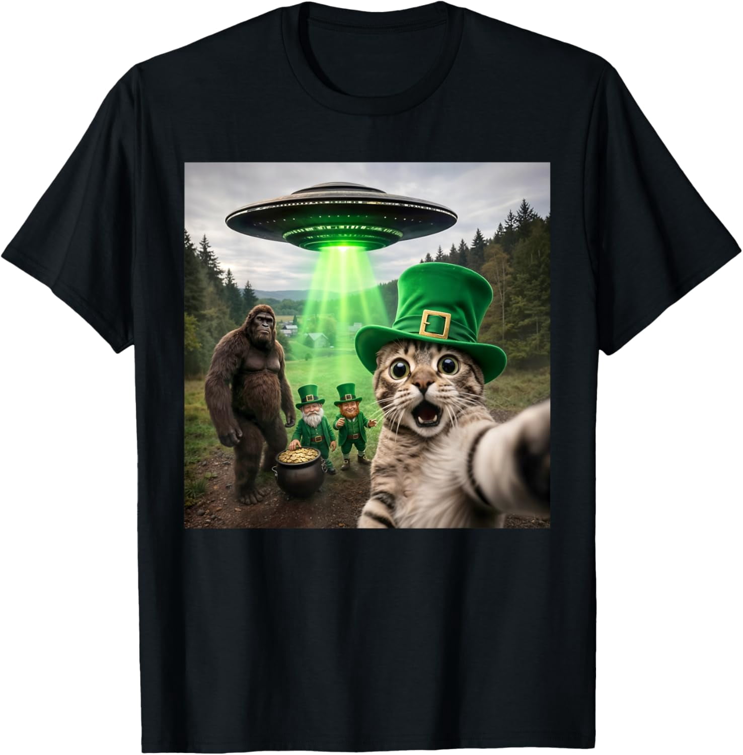 DZD Funny St Patricks Day Cat Selfie with Leprechaun Bigfoot UFO T ...