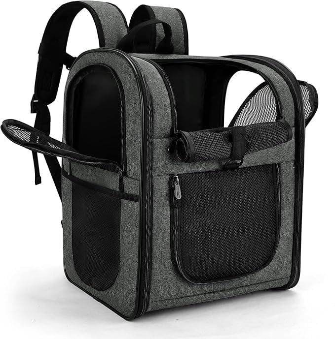 DZMDZM Dog & Cat Carrier Backpack for Large/Small Pets-Ventilated Safe Design with Padded Back Support,Portable and Foldable Pet Carrier Backpacks,Outdoor Travel Breathable Mesh Pet Backpack (Black)
