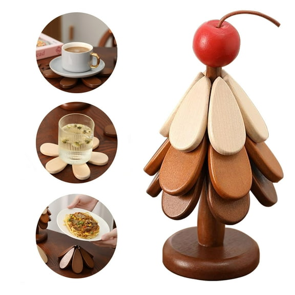 DZORUN Christmas Tree Trivet Table Mat for Hot Dishes Tree Trivet Wooden Coasters Set of 3 Table Decor Coaster for Home and Restaurant flower tea Coffee cup coaster
