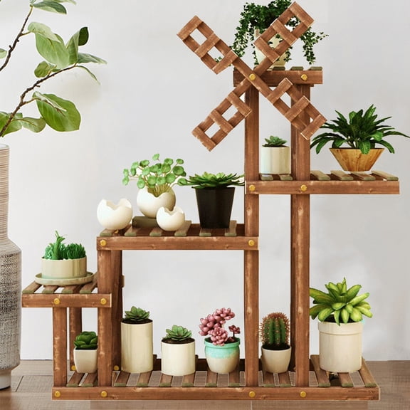 DZORUN Plant Stand Indoor Outdoor Large Holder for Multiple Plants Wooden Tall Stands Combo Rack Garden Patio Lawn Home Windmill Decor