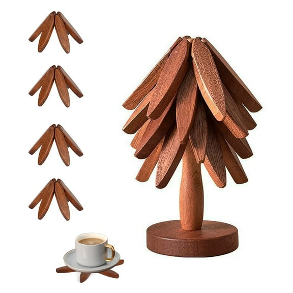 DZORUN Wooden Tree Coasters for Hot Dishes,Tree Shape Trivets Set,Foldable Kitchen Table Wooden Trivet for Coffee Cup Pot Bowl Teapot Hot Pot Holder