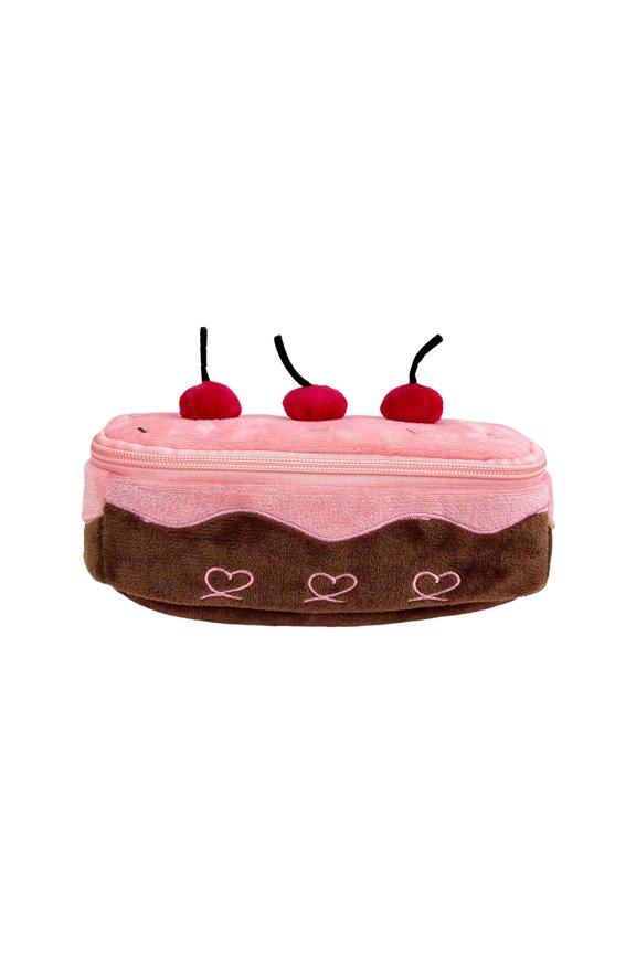 Cute Makeup Bag, Soft Plush Cosmetic Pouch for Travel, Pink Cherry Cake Design Storage Organizer for Women, Vanity Accessories Pouch