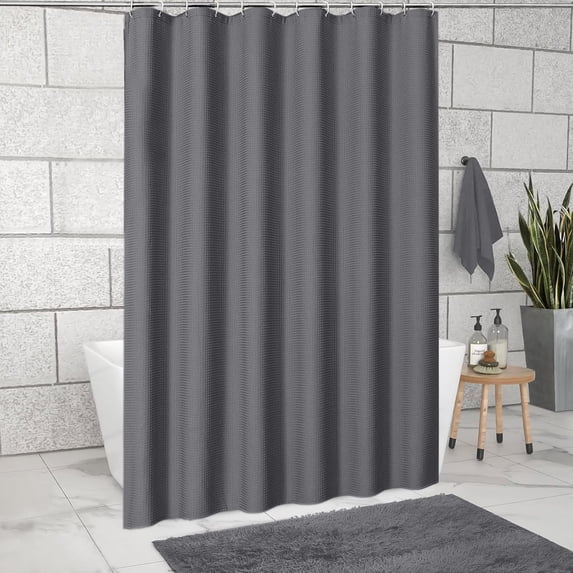 Heavy Duty Shower Curtain, Grid Pattern Textured Thick Fabric Weighted Bath Curtain Set With Hooks, Water Repellent Hotel Style for Home, Apartment, Dorm