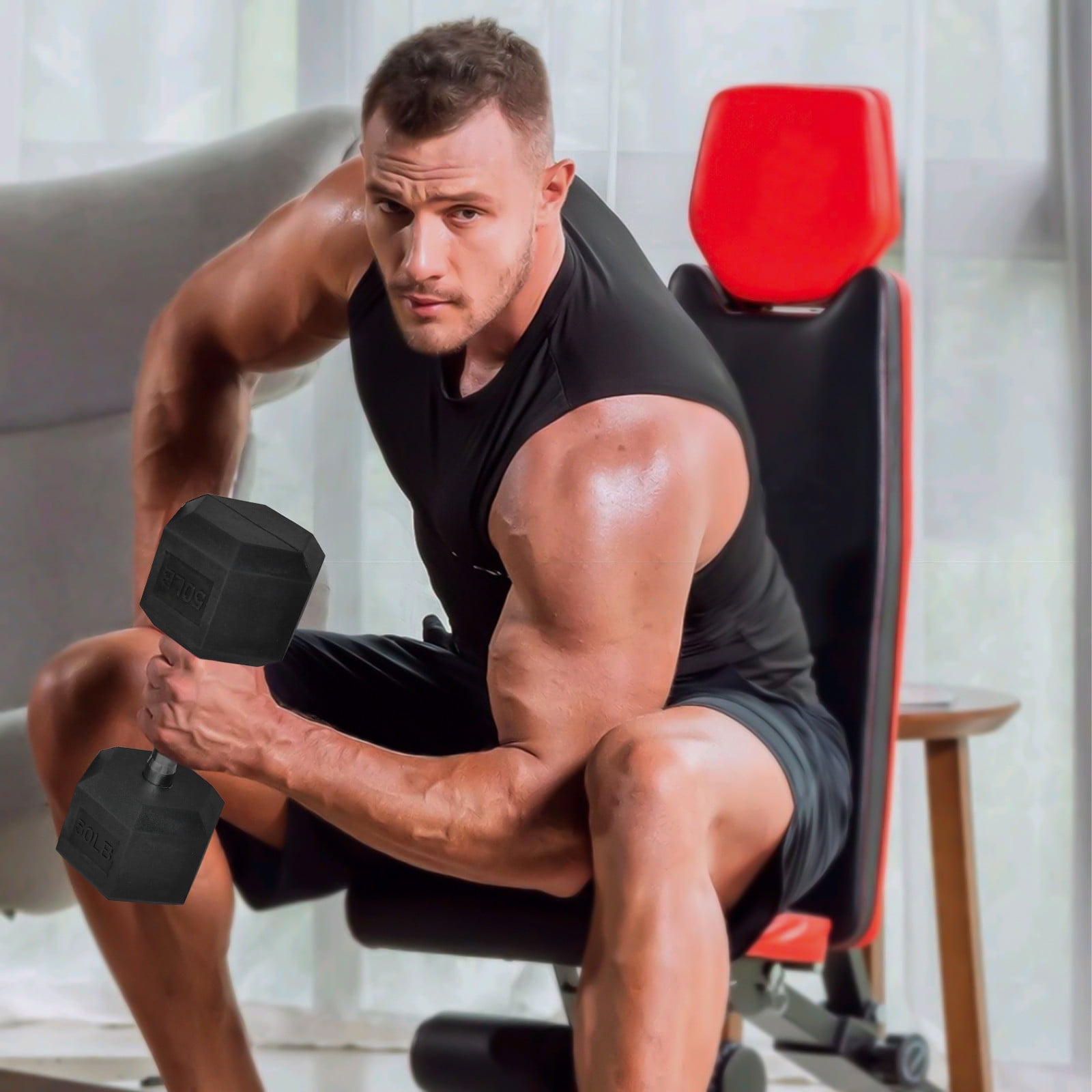 DZT1968 Black Dumbbell Set of 1 Hex Rubber Dumbbell with Metal Handles Pair of 1 50 Pounds Heavy Dumbbell Full Body Workout