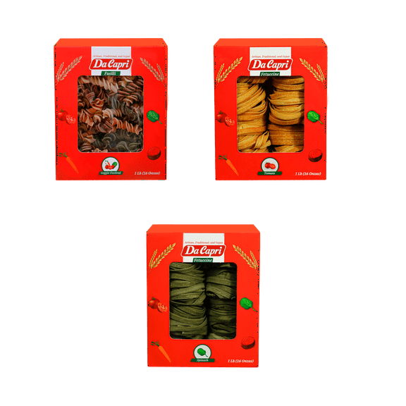 Da Capri Fettuccine & Fusilli (Pack Of 3) | Artisanal Homemade Pasta| 16 Oz Vegan & Healthy | 100% Natural & Plant-Based | Easy to make & Fast Cooking