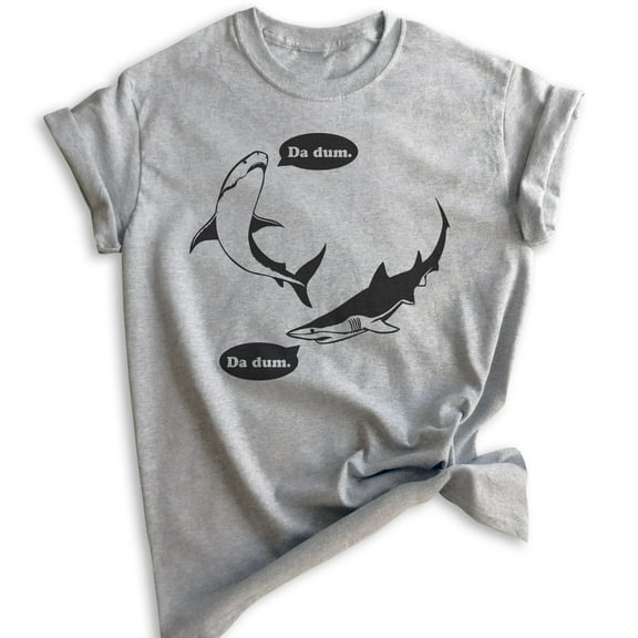 Da Dum Shark T-shirt, Unisex Women's Men's Shirt, Vacation Shirt, Shark Shirts, Summer T-shirt, Heather Gray, Small