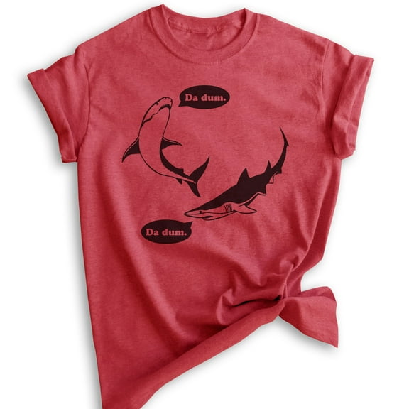 Da Dum Shark T-shirt, Unisex Women's Men's Shirt, Vacation Shirt, Shark Shirts, Summer T-shirt, Heather Red, Medium