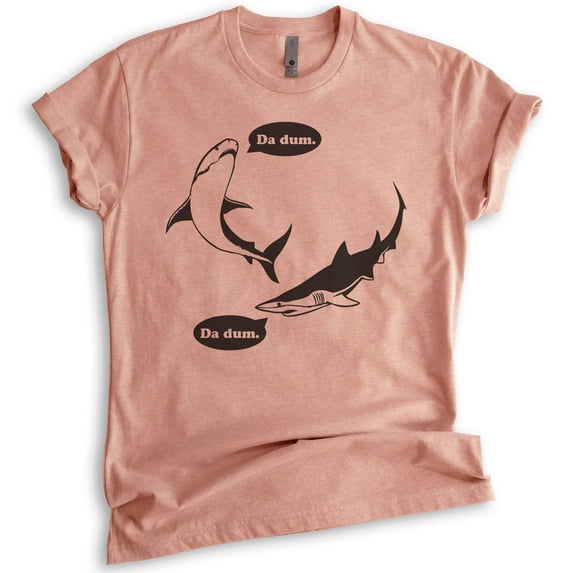 Da Dum Shark T-shirt, Unisex Women's Men's Shirt, Vacation Shirt, Shark Shirts, Summer T-shirt, Heather Sunset, Large