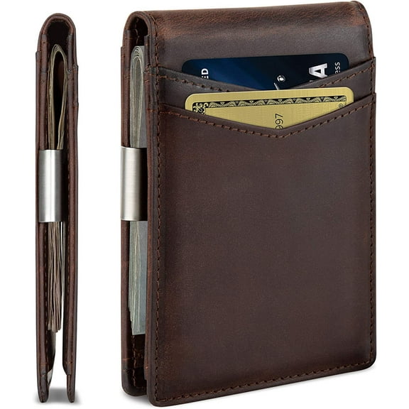 Da. Millan Genuine Leather Money Clip Wallet Slim Front Pocket RFID Blocking Card Holder Minimalist Mini Bifold for Men's (Brown), 11 Card Slot
