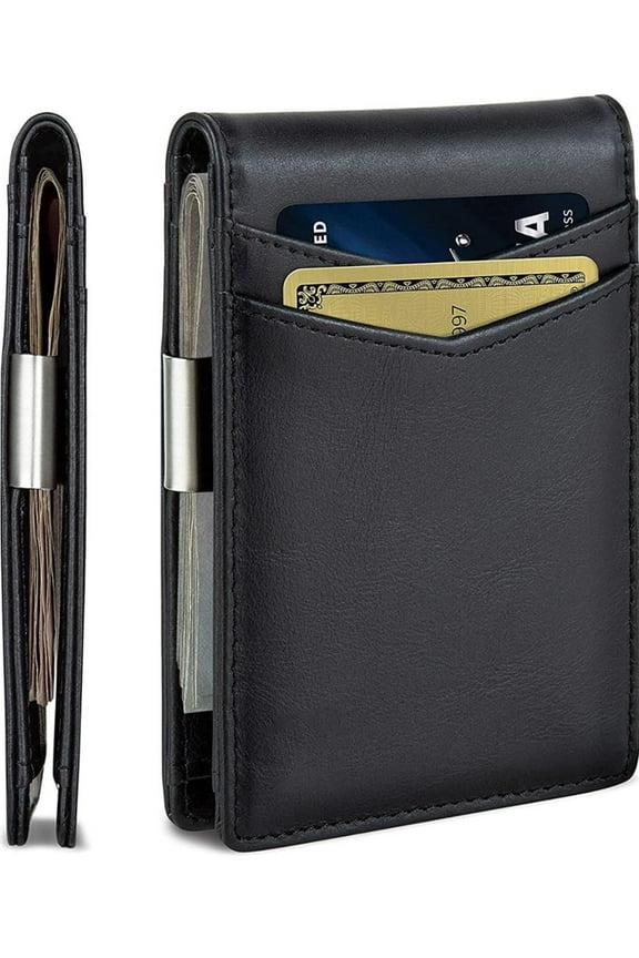 Genuine Leather Money Clip Wallet Slim Front Pocket RFID Blocking Card Holder Minimalist Mini Bifold for Men's (Black)