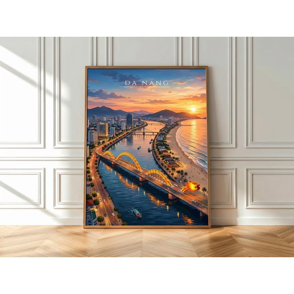 Da Nang Vietnam Coastal Wall Art Print, Dragon Bridge Sunset Poster, City Landscape Decor, Poster Only
