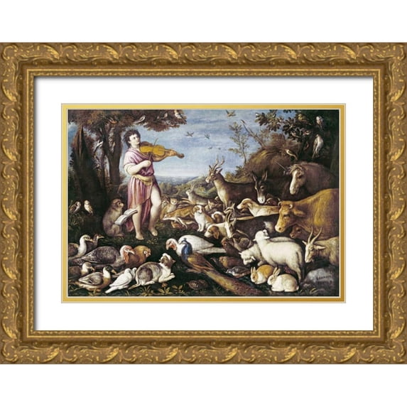 Da Ponte, Leandro 24x18 Gold Ornate Wood Framed with Double Matting Museum Art Print Titled - Orpheus Charming The Animals