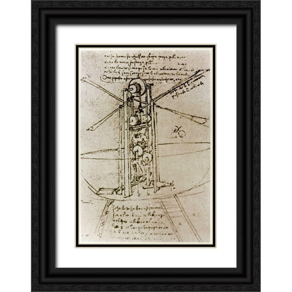 Da Vinci, Leonardo 11x14 Black Ornate Wood Framed with Double Matting Museum Art Print Titled - Drawing of a Flying Machine