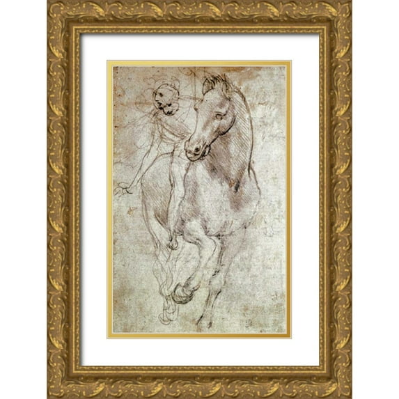 Da Vinci, Leonardo 17x24 Gold Ornate Wood Framed with Double Matting Museum Art Print Titled - Horse and Rider