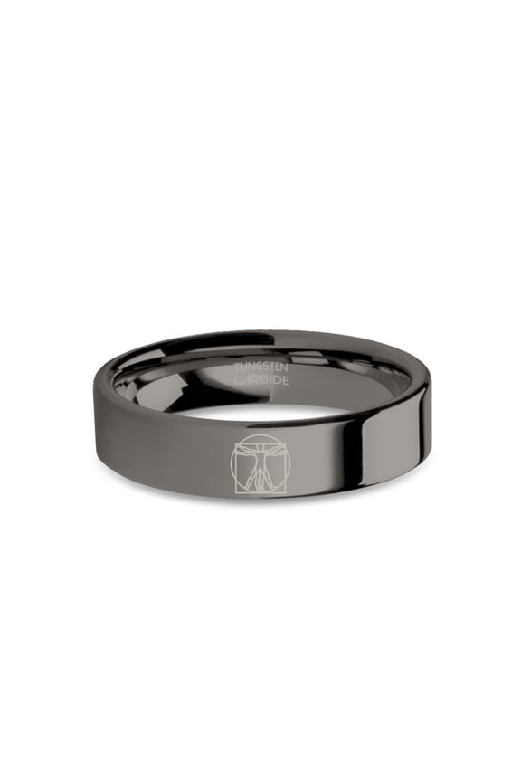 Da Vinci Vitruvian Man Symbol Engraved Gunmetal Tungsten Ring, 6mm, Size 5