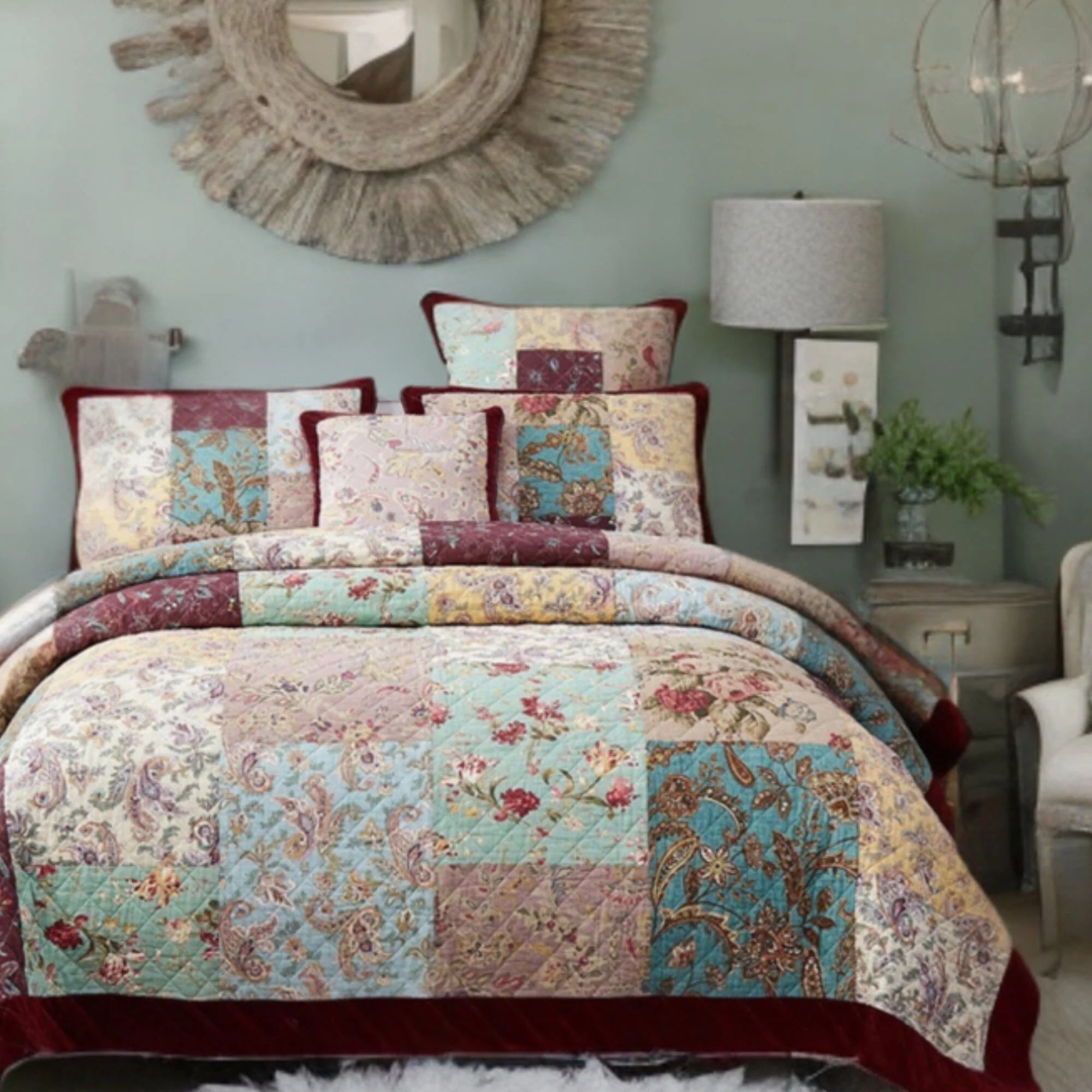Bohemian Burgundy Cotton Patchwork California King Bedspread Set