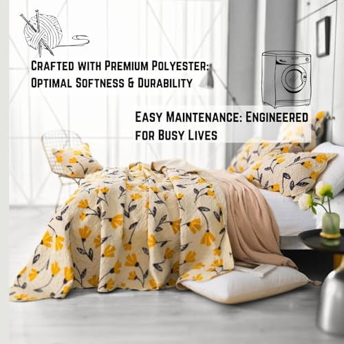 DaDa Bedding Botanical Floral Bedspread Quilt - Yellow Fleur Golden Yellow Spring Time Tulips Quilted Coverlet Set - Scalloped Edges Bright Vibrant Ivory Cream - King Size - 3-Piec