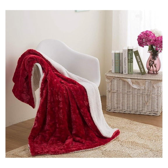 DaDa Bedding Dreamy Romantic Valentine's Faux Fur Red Throw Blanket - 2 Person in Love Plush Backside - Cozy Warm Soft Embossed Pomegranate - Large Queen Size Blanket 90" x 90"