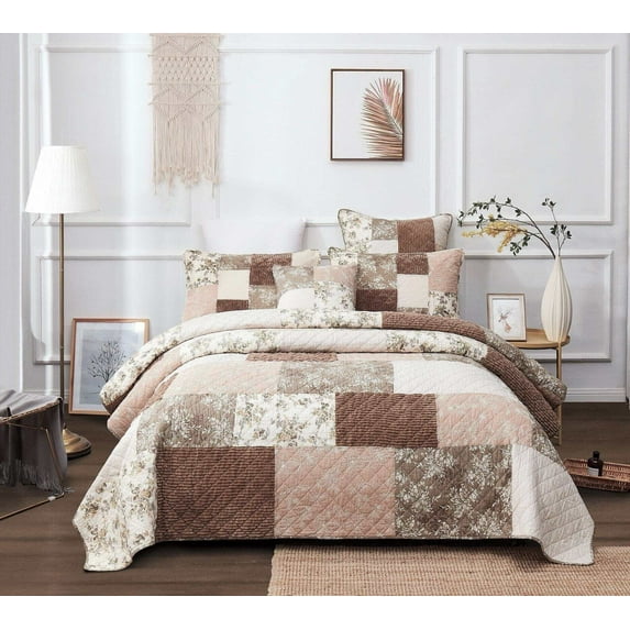 DaDa Bedding Dusty Rose Taupe Beige Brown Floral Cottage Patchwork Quilted Bedspread Set (JHW-866)