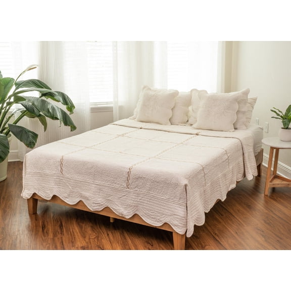 DaDa Bedding Elegant White Floral Beige Matelassé Cotton Coverlet Bedspread Set - Queen Size (DXJ101796)