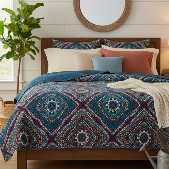 DaDa Bedding Farmhouse Bohemian Native Rustic Navy Blue Geometric Diamond Shapes Bedspread Set (KSX-001)
