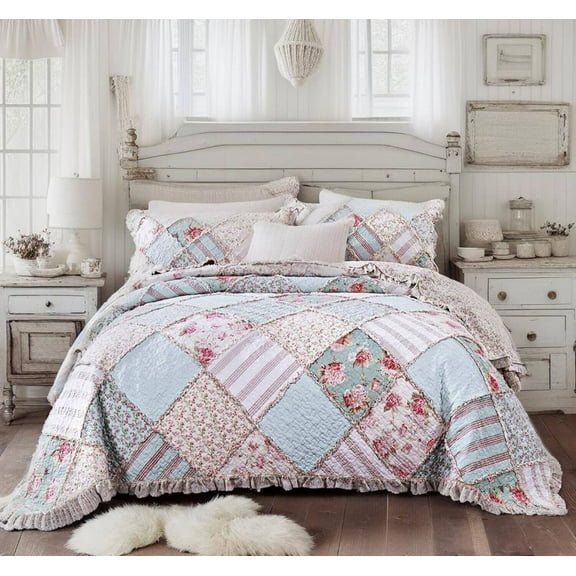 DaDa Bedding Hint of Mint Floral Pastel Cotton Patchwork Ruffle Bedspread Set (JHW-3036)