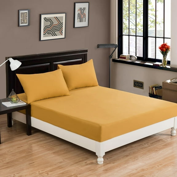 DaDa Bedding Honey Yellow Poplin Cotton Fitted Sheet w/ Pillow Cases (JHW-550-Fitted)